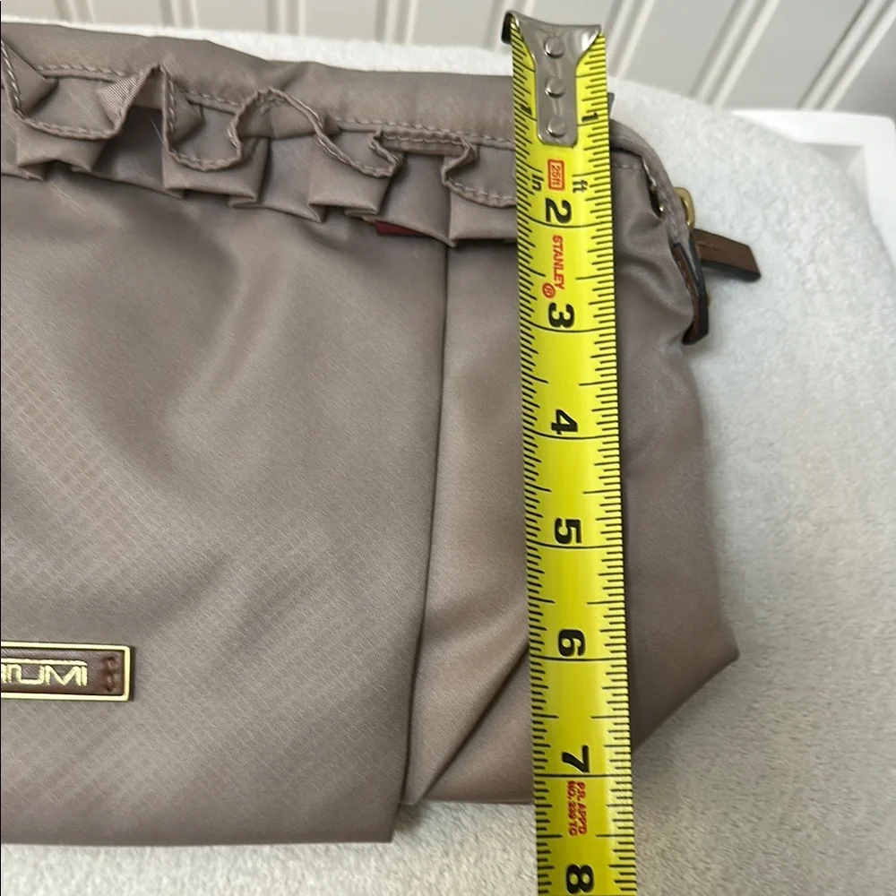 Tumi Enna Large ruffled Travel Pouch Taupe Cosmetics Bag